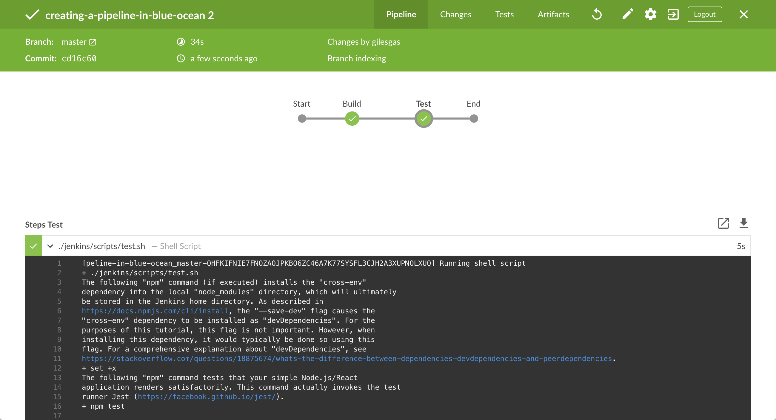 Test stage runs successfully (with output)